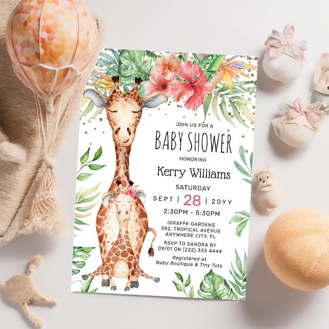 Convite Chuva de Bebê Menina com Girafa Fofa e Vegetação T (Criador carregado)