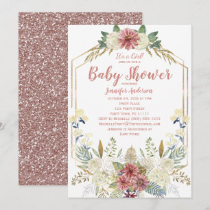Convite Chuva de Bebê Menina com Glitter Rosa Dourado Flor