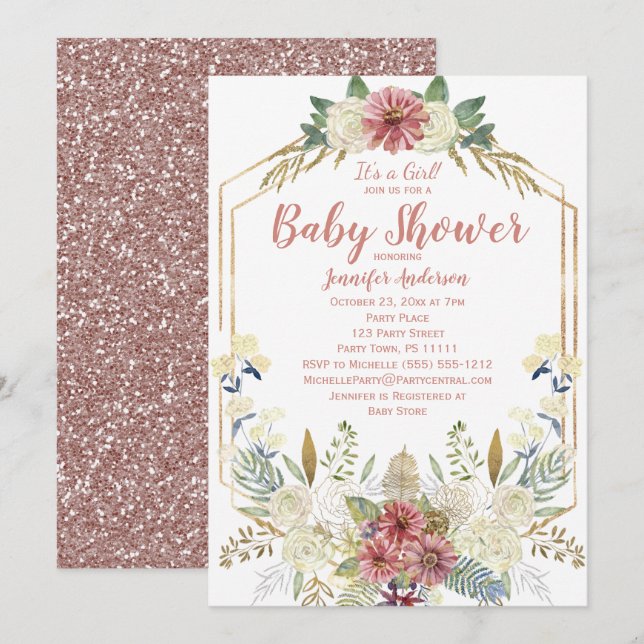 Convite Chuva de Bebê Menina com Glitter Rosa Dourado Flor (Frente/Verso)