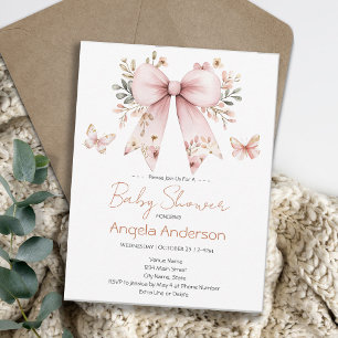 Convite Chuva de Bebê Menina com Laço Floral Rosa Elegante