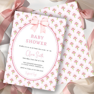 Convite Chuva de Bebê Menina com Laço Floral Rosa Vintage