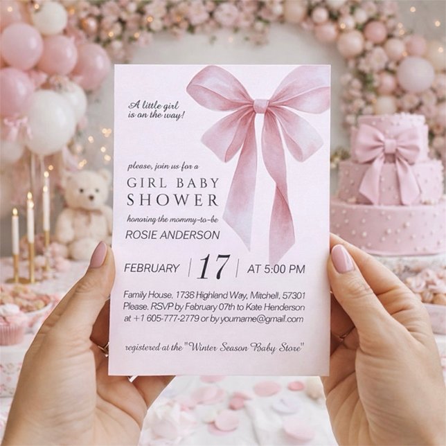 Convite Chuva de Bebê Menina com Laço Rosa (Soft Pink Bow Girl Baby Shower Invitation)