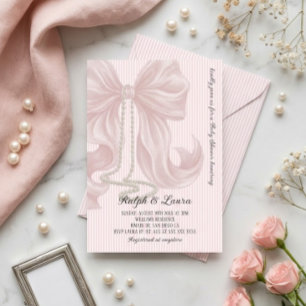 Convite Chuva de Bebê Menina com Laço Rosa e Pérola