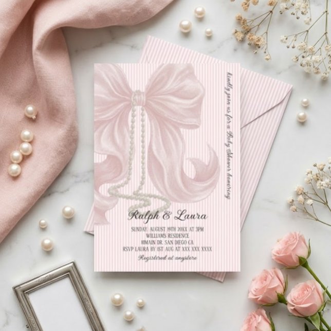 Convite Chuva de Bebê Menina com Laço Rosa e Pérola (Criador carregado)