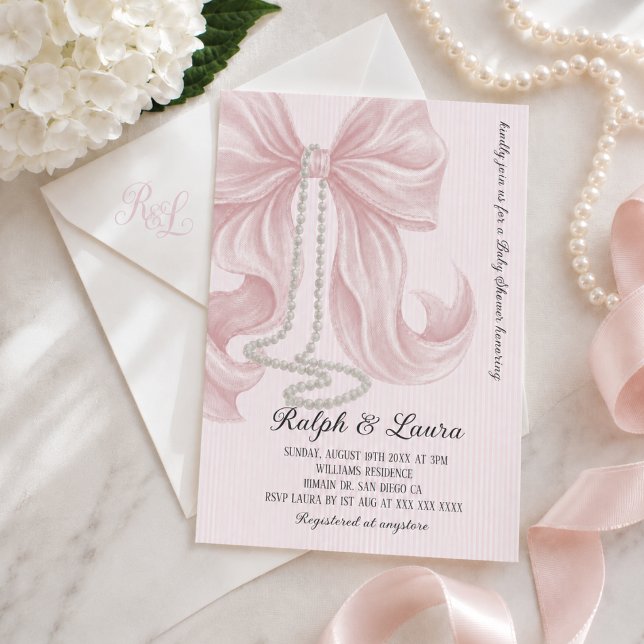 Convite Chuva de Bebê Menina com Laço Rosa e Pérola (Criador carregado)