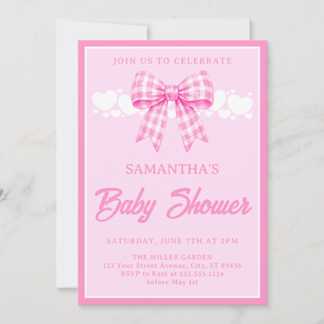 Convite Chuva de Bebê Menina com Laço Xadrez Rosa (Frente)