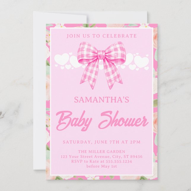 Convite Chuva de Bebê Menina com Laço Xadrez Rosa Flor Sil (Frente)