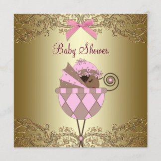 Convite Chuva de Bebê Menina com Renda Dourada Rosa