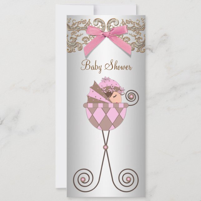 Convite Chuva de Bebê Menina com Renda Rosa Marrom (Frente)
