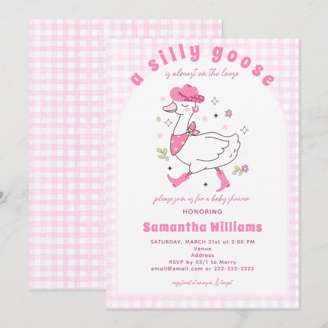 Convite Chuva de Bebê Menina Country Xadrez Gingham Silly  (Frente/Verso)