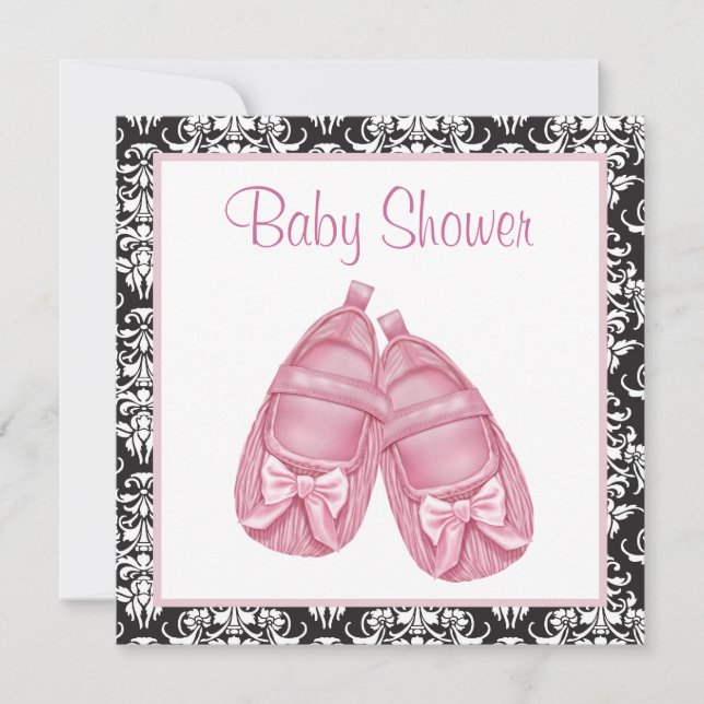 Convite Chuva de Bebê Menina Damasco Rosa e Preto (Frente)