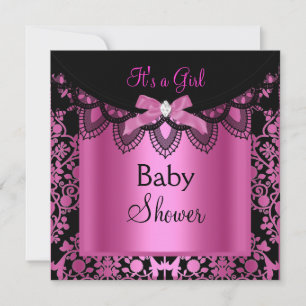 Convite Chuva de Bebê Menina Damask Rosa Quente Preto
