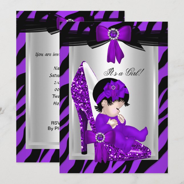 Convite Chuva de Bebê Menina de Saltos Altos Roxo Zebra (Frente/Verso)