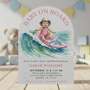 Convite Chuva de Bebê Menina de Surfe em Aquarela