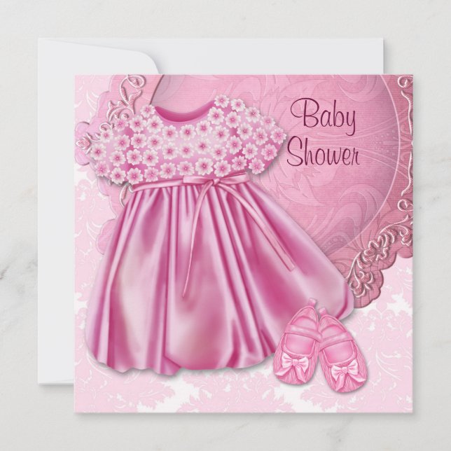 Convite Chuva de Bebê Menina de Vestido Rosa e Damasco Ros (Frente)