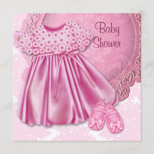 Convite Chuva de Bebê Menina de Vestido Rosa e Damasco Ros