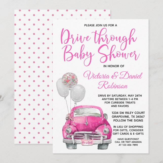 Convite Chuva de Bebê Menina Dirigindo pelo Carro (Frente/Verso)