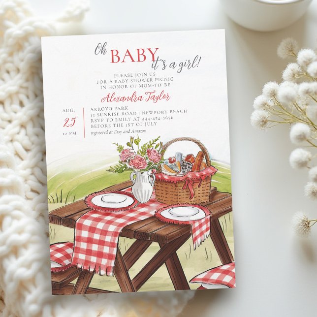 Convite Chuva de Bebê Menina Divertida no Parque de Verão (picnic baby shower ideas red gingham art sketch invitation modern simple classy download)