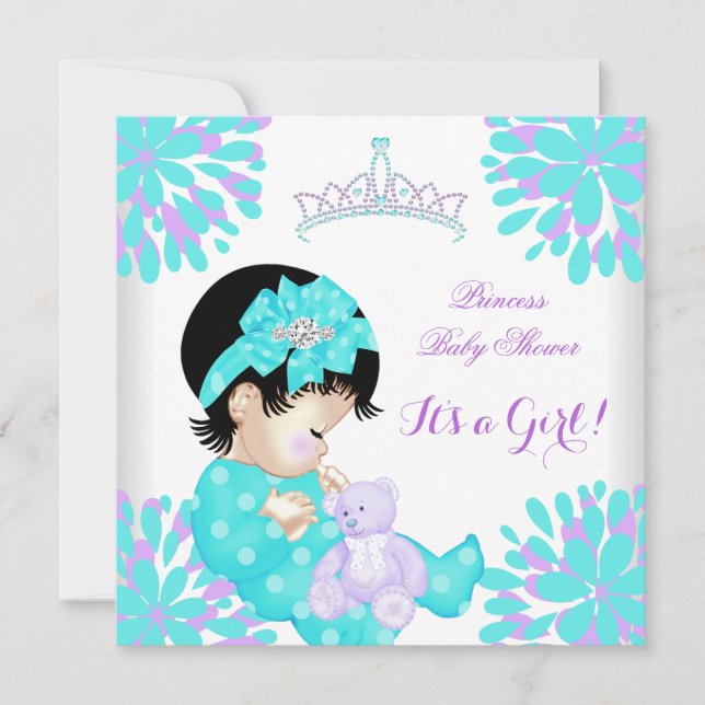 Convite Chuva de Bebê Menina Doce Bebê Azul Turquesa e Urs (Frente)