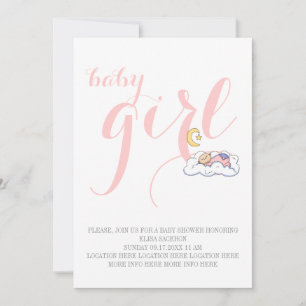 Convite Chuva de bebê menina dormindo texto elegante rosa
