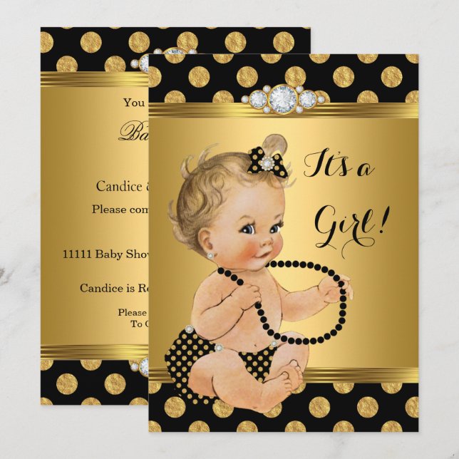 Convite Chuva de Bebê Menina Dourado Preto Pérolas Loira (Frente/Verso)