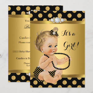 Convite Chuva de Bebê Menina Dourado Preto Pérolas Loira