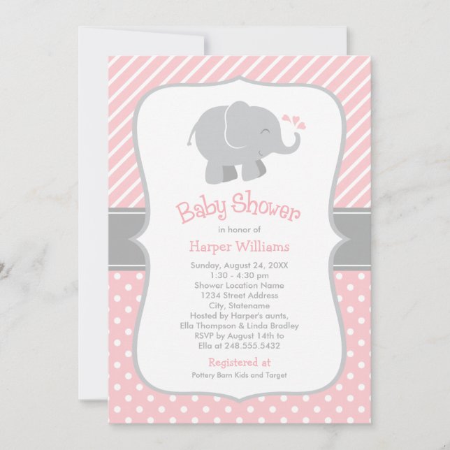 Convite Chuva de Bebê Menina Elefante com Rosa Moderno (Frente)