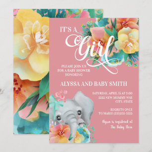 Convite Chuva de Bebê Menina Elefante Floral Rosa Turquesa