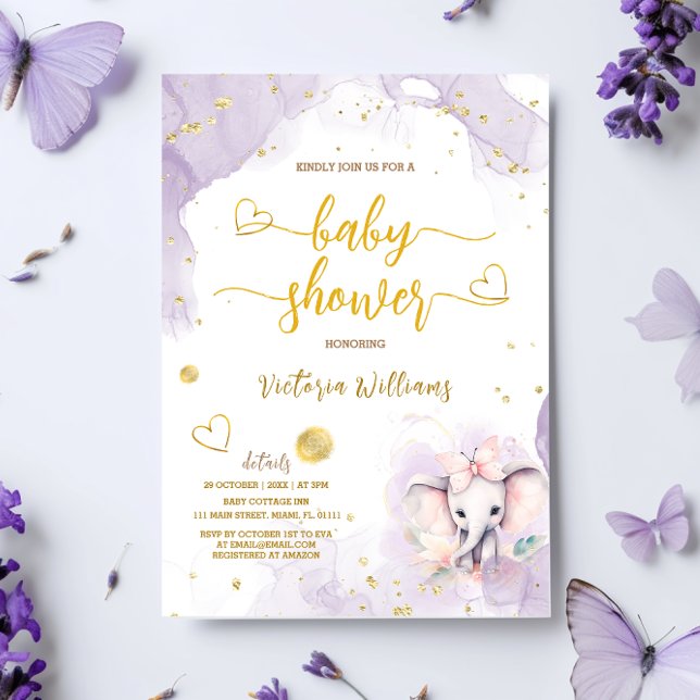 Convite Chuva de Bebê Menina Elefante Rosa Violeta (Criador carregado)