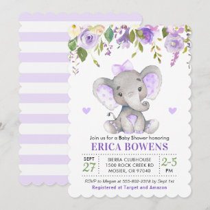 Convite Chuva de Bebê Menina Elefante Roxo Claro Aquarela