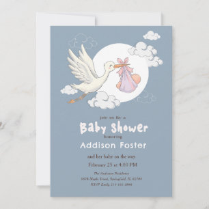 Convite Chuva de Bebê Menina Elegante Cegonha Azul