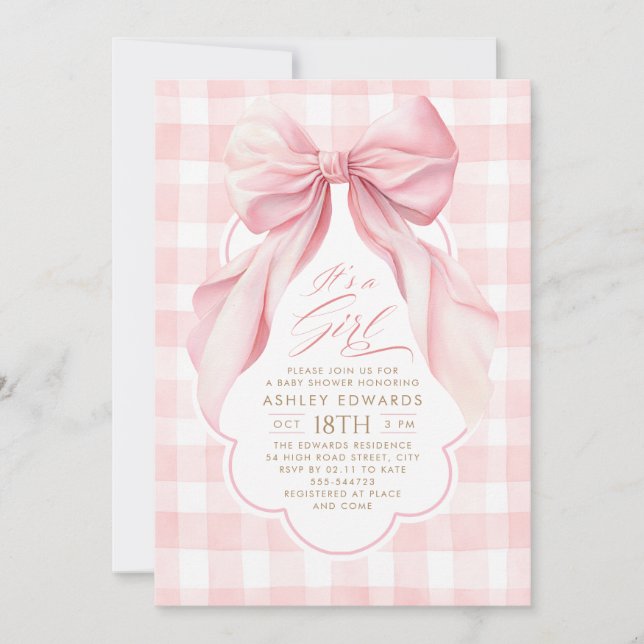 Convite Chuva de Bebê Menina Elegante com Laço Rosa e Xadr (Frente)