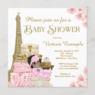 Convite Chuva de Bebê Menina Étnica Paris Dourado Rosa