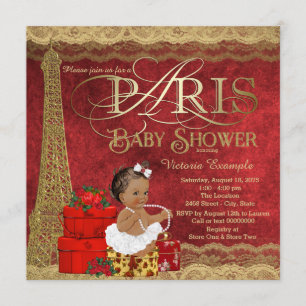 Convite Chuva de Bebê Menina Étnica Paris Dourado Vermelho