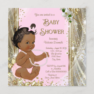 Convite Chuva de Bebê Menina Étnica Pérola Rosa Dourado