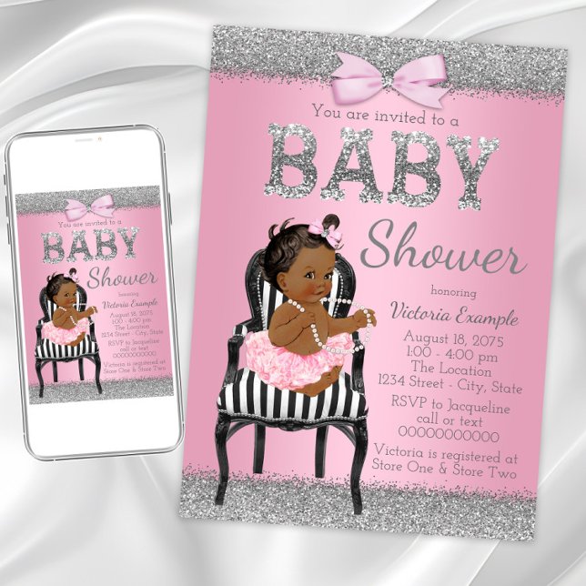 Convite Chuva de Bebê Menina Étnica Rosa e Cinza Prata (Cute pink silver baby shower invitation. Instant download and printed invitations available.)