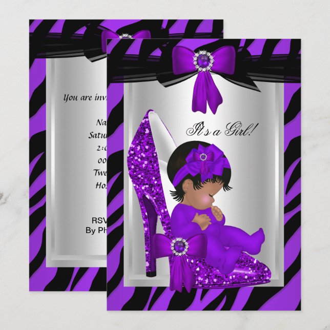 Convite Chuva de Bebê Menina Étnica Salto Alto Roxo Zebra (Frente/Verso)