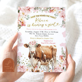 Convite Chuva de Bebê Menina Fazenda de Vaca Floral Rosa