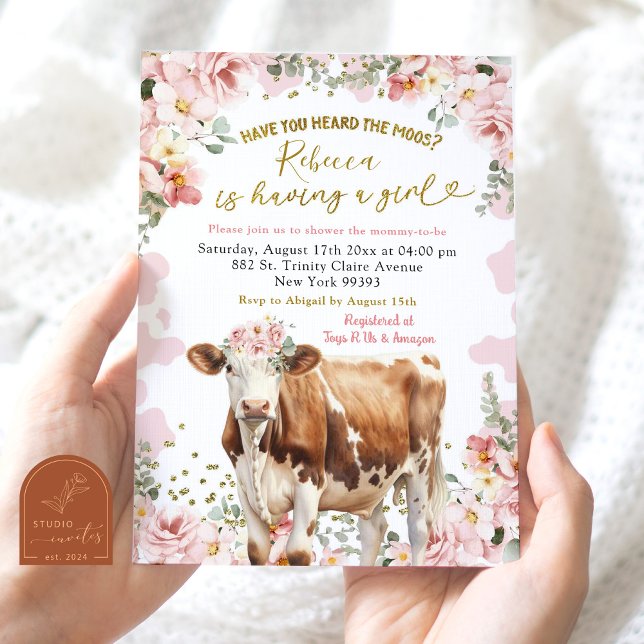 Convite Chuva de Bebê Menina Fazenda de Vaca Floral Rosa (Criador carregado)