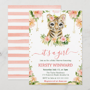 Convite Chuva de Bebê Menina Filhote de Tigre Floral Aquar