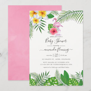 Convite Chuva de Bebê Menina Flamingo Rosa Tropical Aquare