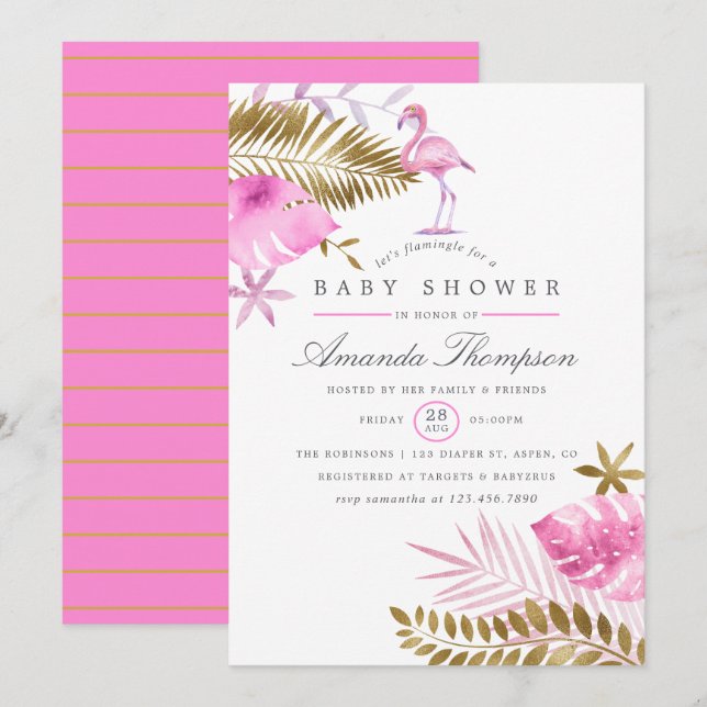 Convite Chuva de Bebê Menina Flamingo Tropical Rosa e Dour (Frente/Verso)