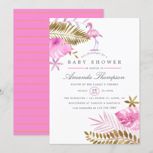 Convite Chuva de Bebê Menina Flamingo Tropical Rosa e Dour