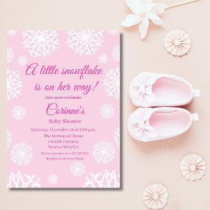 Convite Chuva de bebê menina floco de neve delicado rosa 