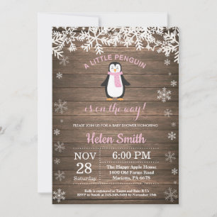 Convite Chuva de Bebê Menina Floco de Neve Pinguim Rústico