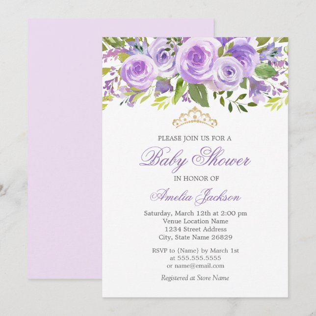 Convite Chuva de Bebê Menina Flor de Lavanda Rosa (Frente/Verso)