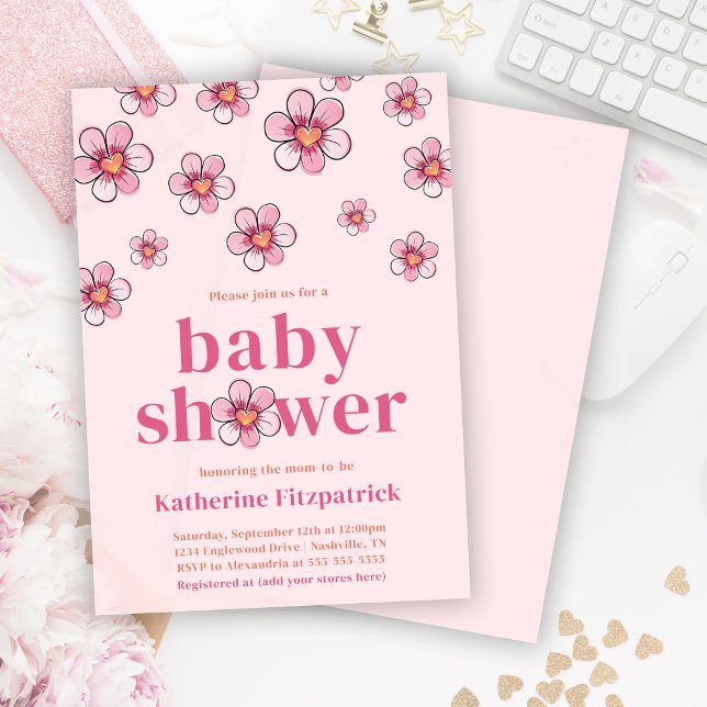 Convite Chuva de Bebê Menina Flor Margarida Rosa (Pink Daisy Flower Girl Baby Shower Invitation)