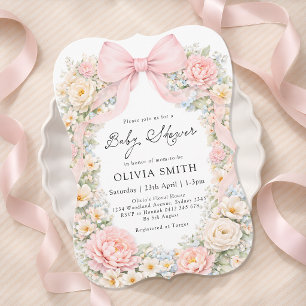 Convite Chuva de Bebê Menina Floral com Laço Rosa Arrebola