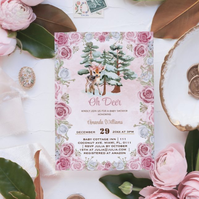 Convite Chuva de Bebê Menina Floral de Inverno Oh Deer (Criador carregado)