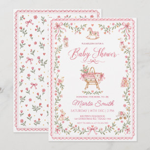 Convite Chuva de Bebê Menina Floral Folclórica Vintage
